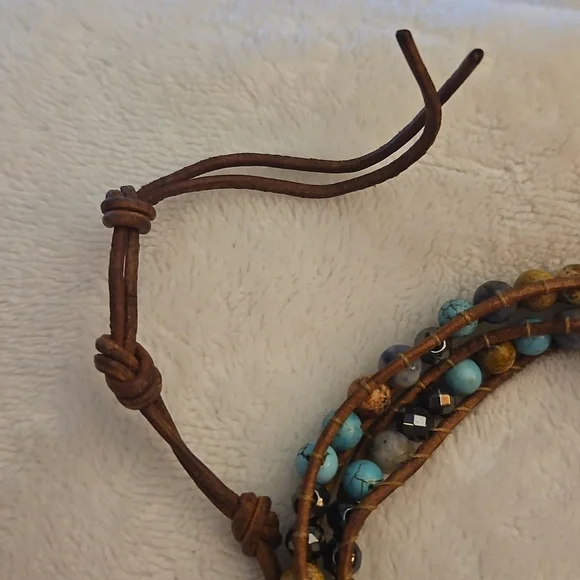 Bohemian Multi-Color Gemstone Beaded Leather Adjustable Wrap Bracelet - Picture 5 of 7